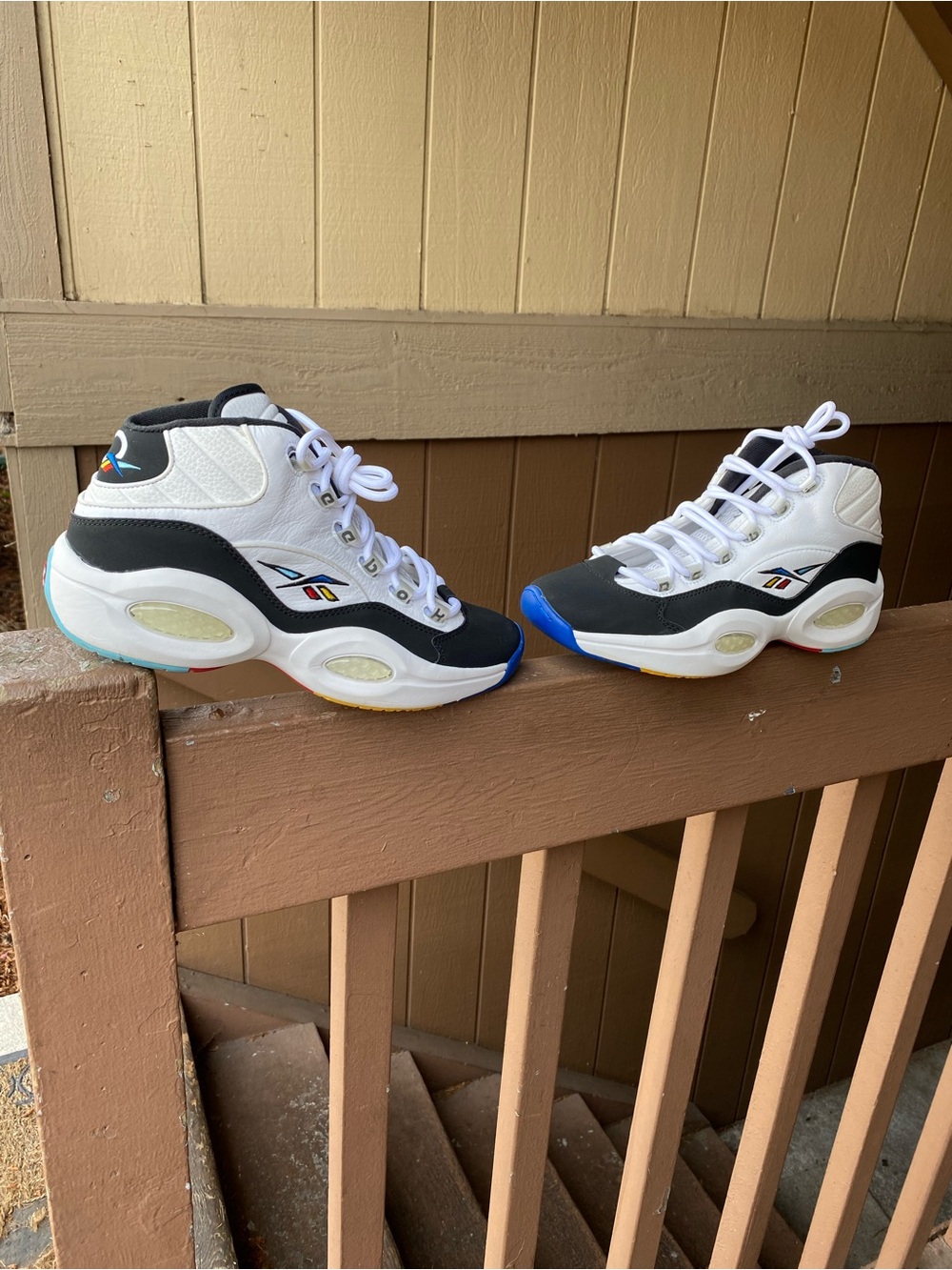 Reebok Questions Men’s White and Black High-Top Sneakers with Multicolor Accents